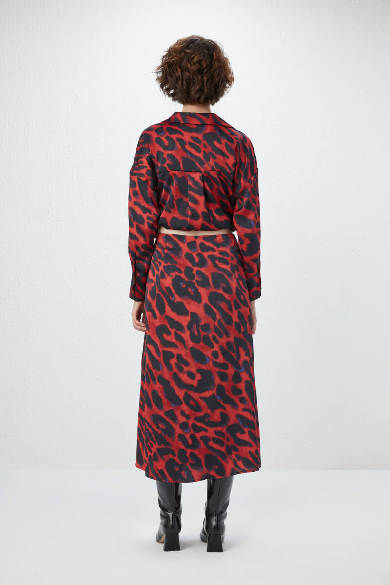 Leopard Patterned Long Satin Skirt - Burgundy - 5