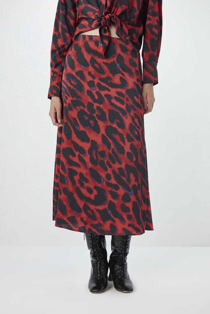 Leopard Patterned Long Satin Skirt - Burgundy Burgundy
