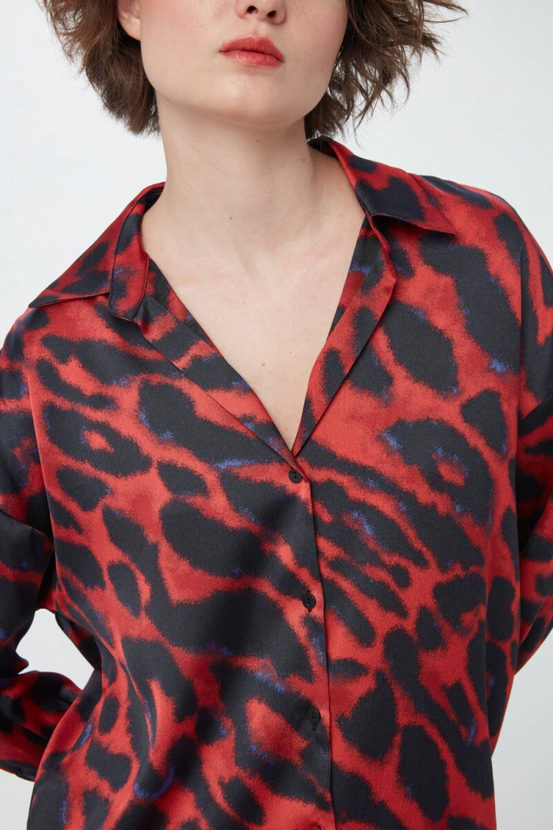 Leopard Patterned Relaxed Fit Shirt - Burgundy - 5