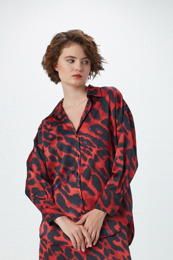 Leopard Patterned Relaxed Fit Shirt - Burgundy Burgundy