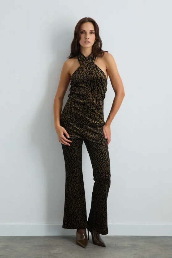 Leopard Patterned Velvet Cross Strap Blouse Black - Gusto