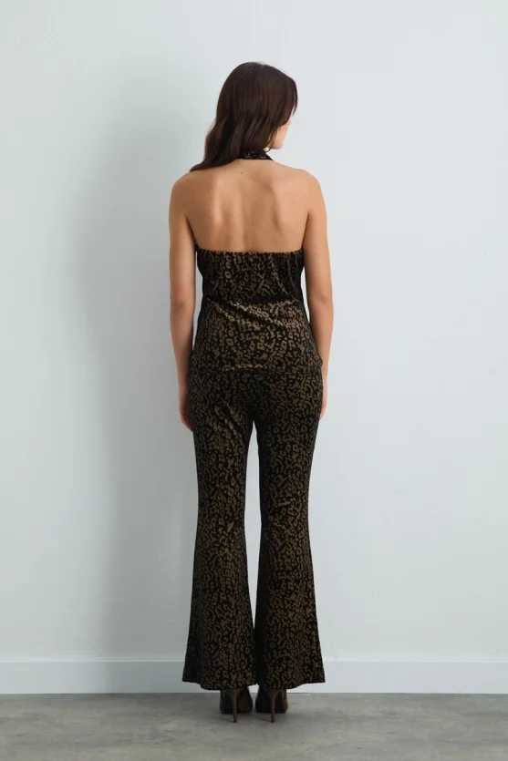 Leopard Patterned Velvet Cross Strap Blouse Black - 5