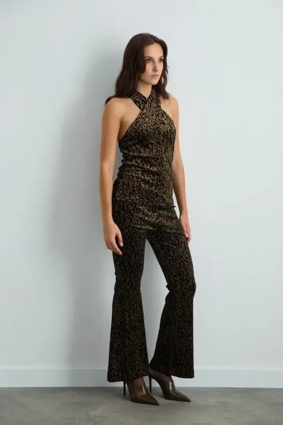 Leopard-Patterned Velvet Flared Pants - Black - 2