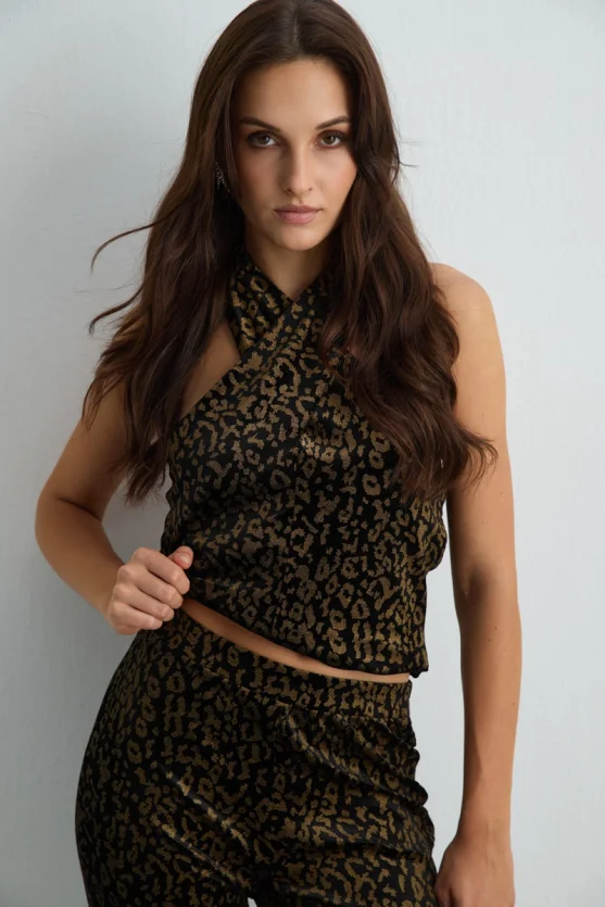 Leopard Patterned Velvet Flared Pants Black - Gusto