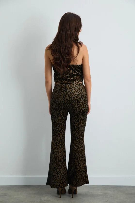 Leopard Patterned Velvet Flared Pants Black - 4