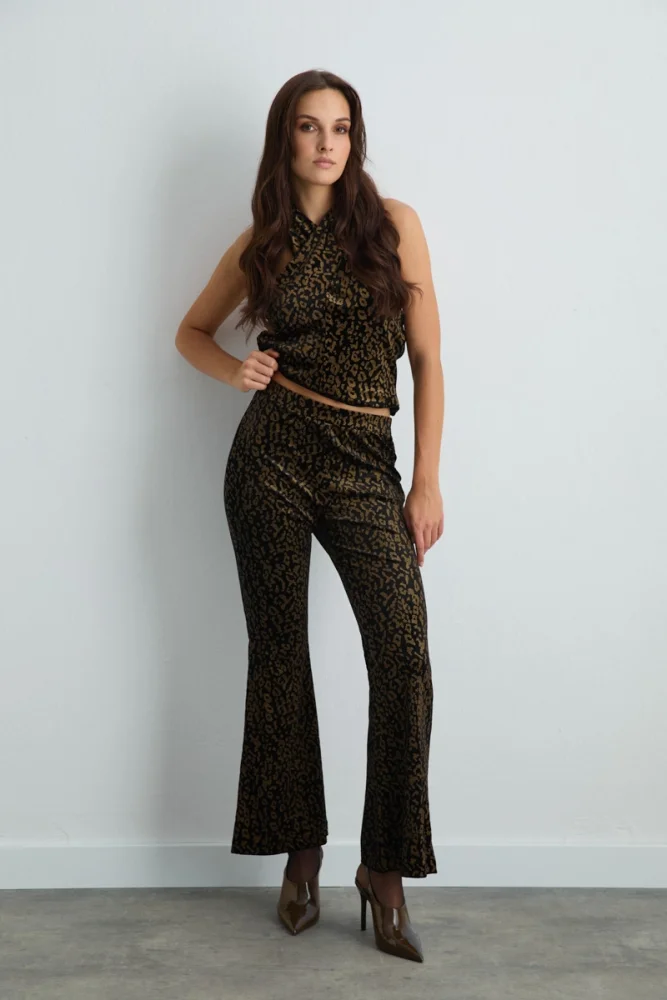 Leopard Patterned Velvet Flared Pants Black Black