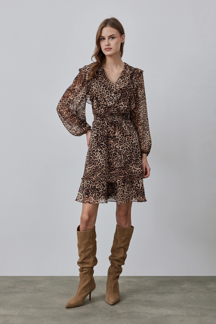 Leopard Print Dress with Flounce Collar - Brown Brown