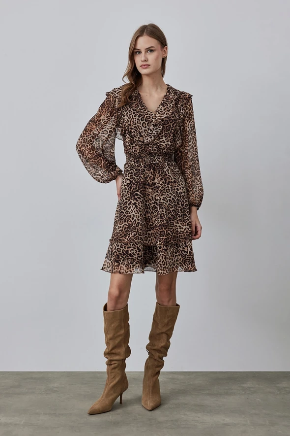 Leopard Print Dress with Flounce Collar - Brown - 1