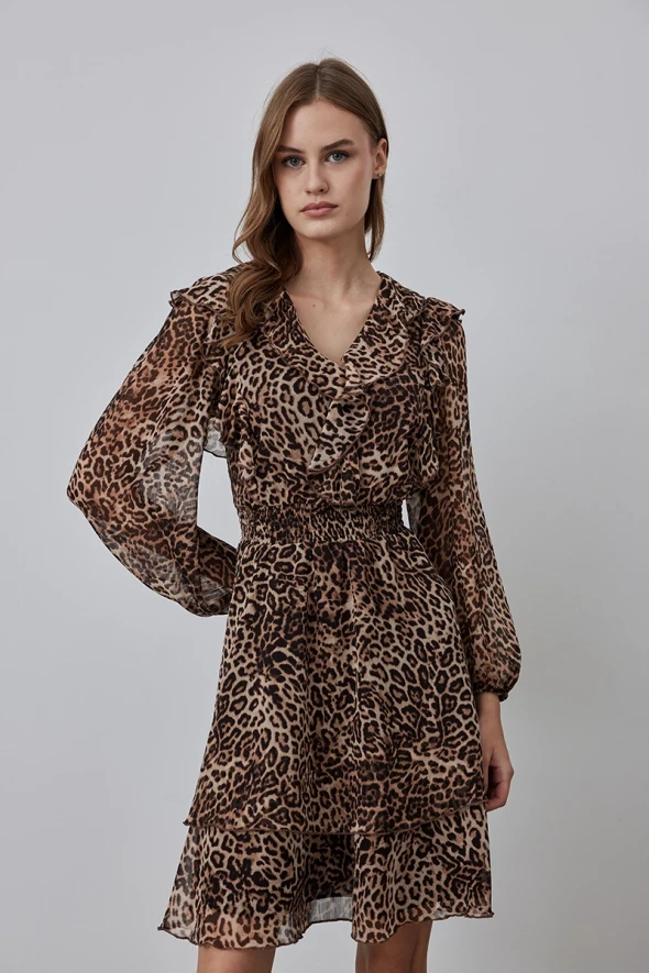 Leopard Print Dress with Flounce Collar - Brown - 2