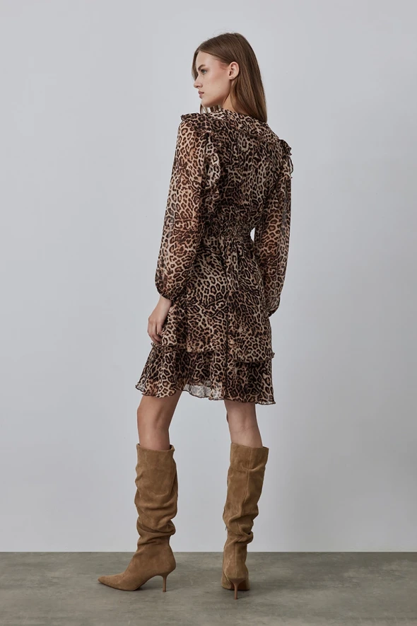 Leopard Print Dress with Flounce Collar - Brown - 4