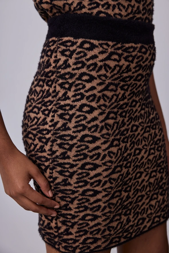 Leopard Print Knitwear Mini Skirt - Brown - 6