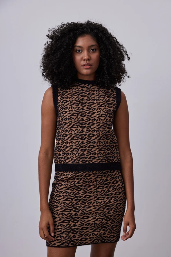 Leopard Print Knitwear Mini Skirt - Brown - 4