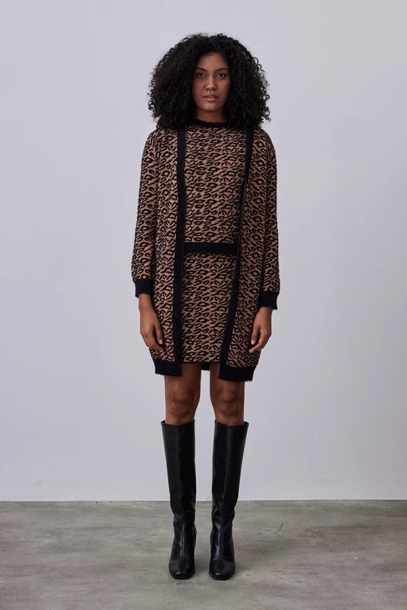 Leopard Print Knitwear Mini Skirt - Brown - 2