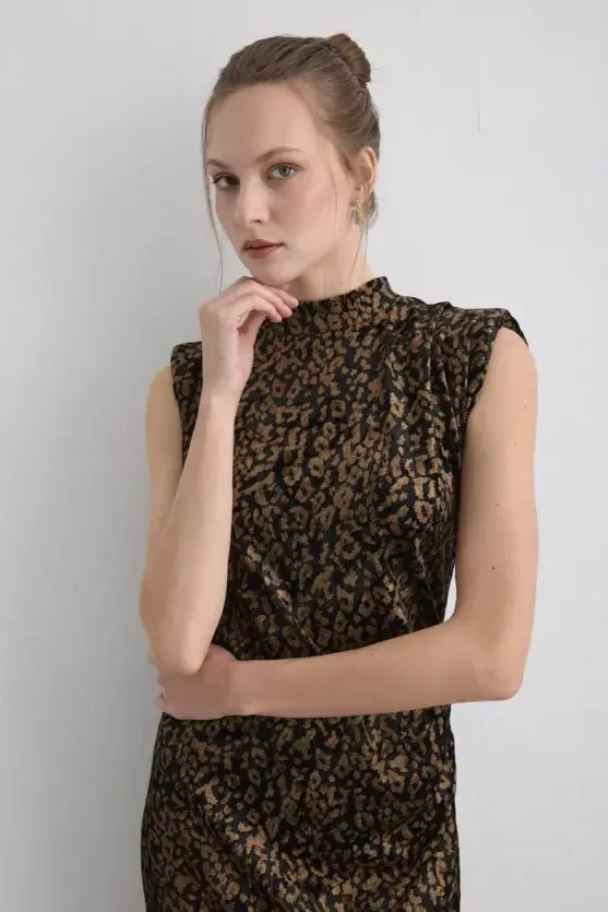 Leopard Print Long Velvet Dress - Black - 3