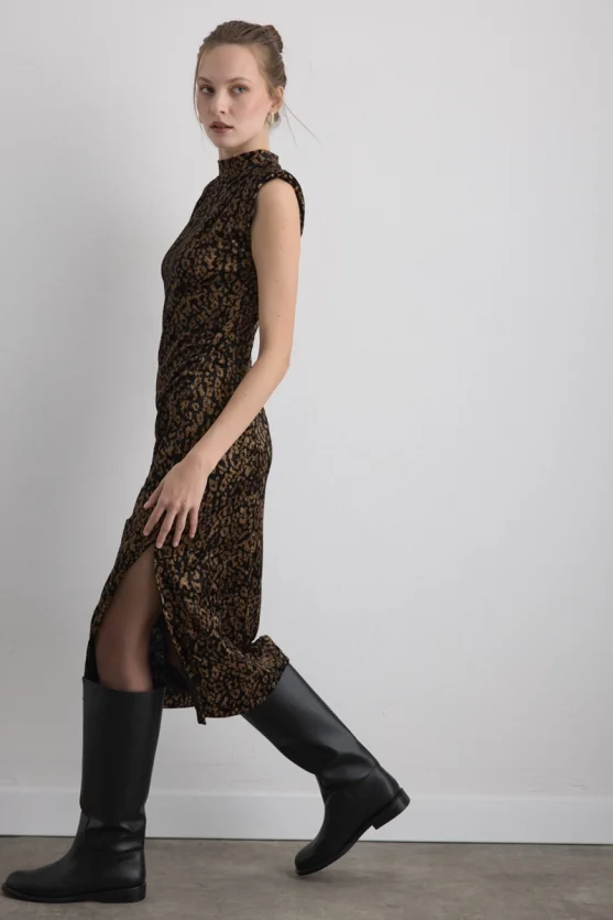 Leopard Print Long Velvet Dress Black - 7