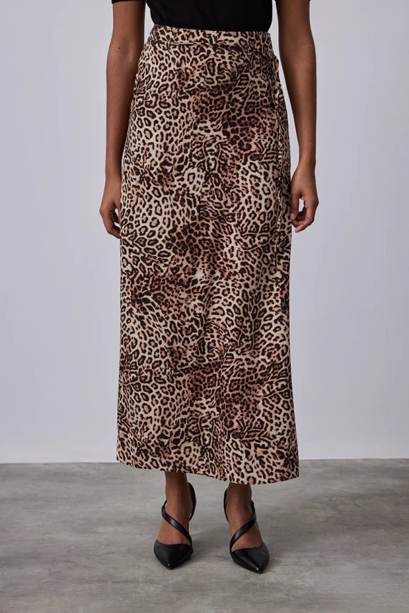 Leopard Print Long Viscose Skirt - Brown - 2