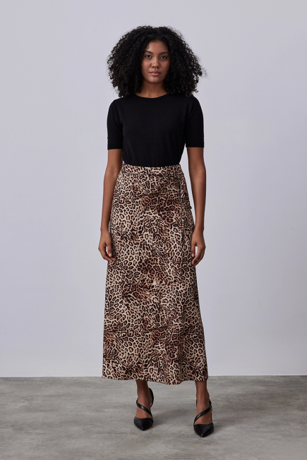 Leopard Print Long Viscose Skirt - Brown Brown