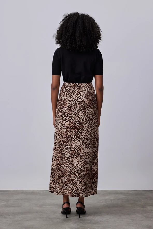 Leopard Print Long Viscose Skirt - Brown - 4