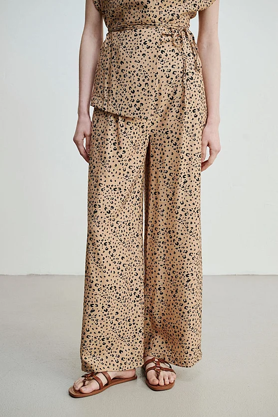 Leopard Print Wide Leg Trousers - Camel - Gusto