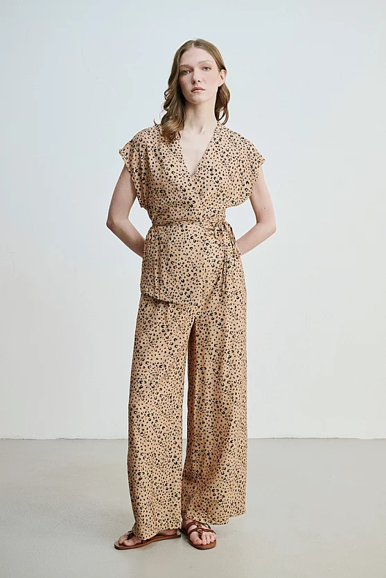 Leopard Print Wide Leg Trousers - Camel - Gusto