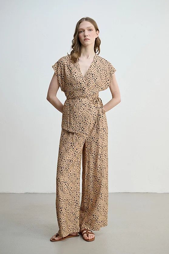 Leopard Print Wide Leg Trousers - Camel - Gusto