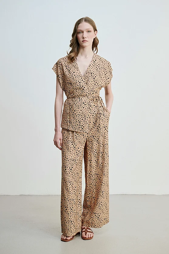 Leopard Print Wide Leg Trousers - Camel - Gusto