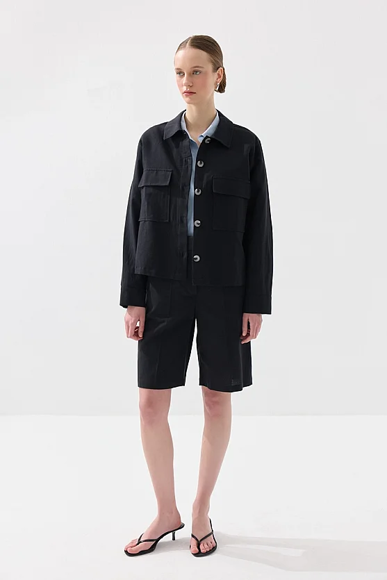 Linen Bermuda Shorts - Black - 3