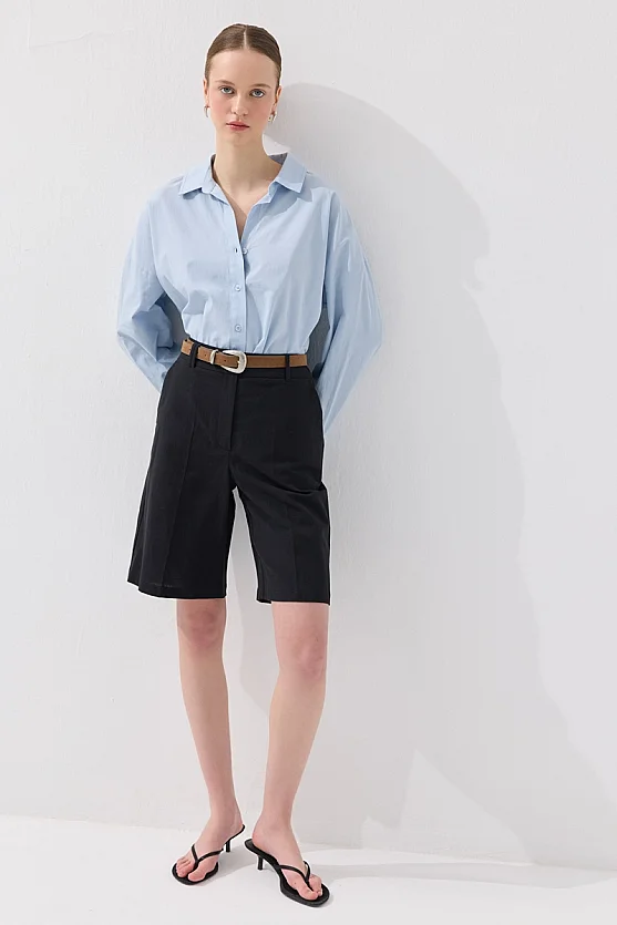 Linen Bermuda Shorts - Black - 5