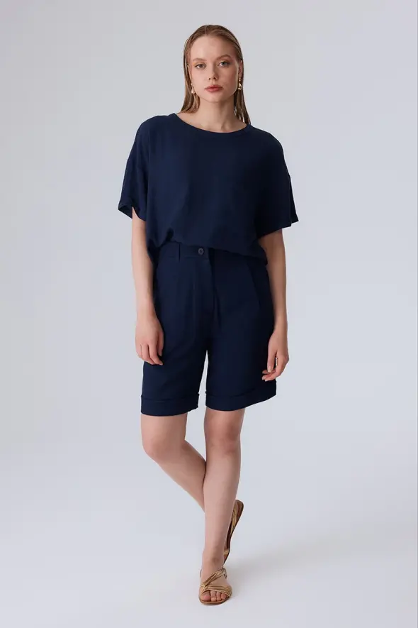 Linen Bermuda Shorts - Navy Blue - 3