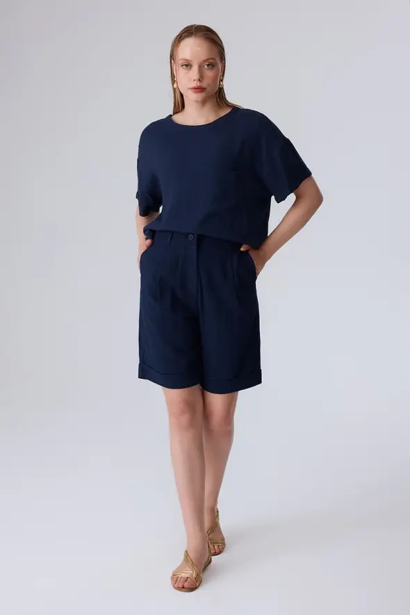 Linen Bermuda Shorts - Navy Blue - 2