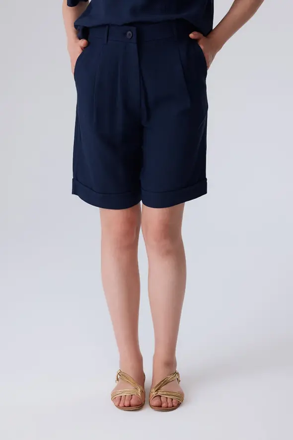 Linen Bermuda Shorts - Navy Blue - 1