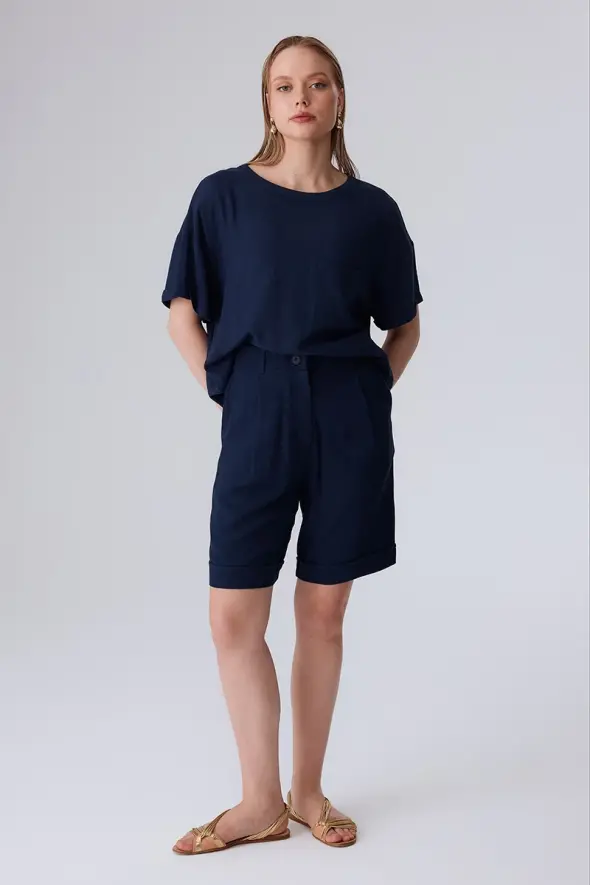 Linen Bermuda Shorts - Navy Blue - 4