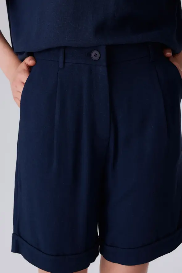 Linen Bermuda Shorts - Navy Blue - 5