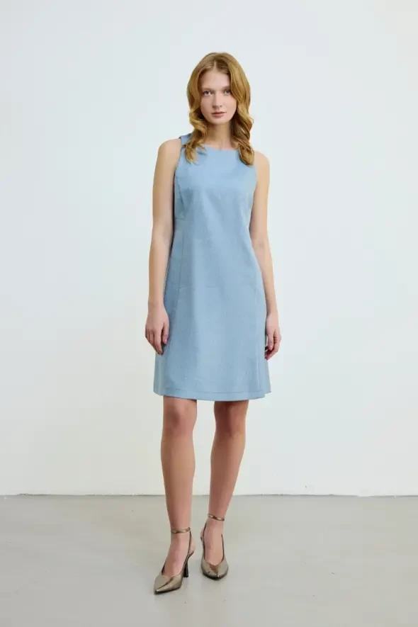 Linen Blend Sleeveless Dress - Blue - 1