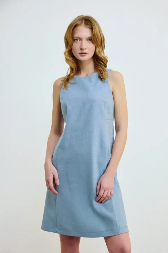 Linen Blend Sleeveless Dress - Blue - 2