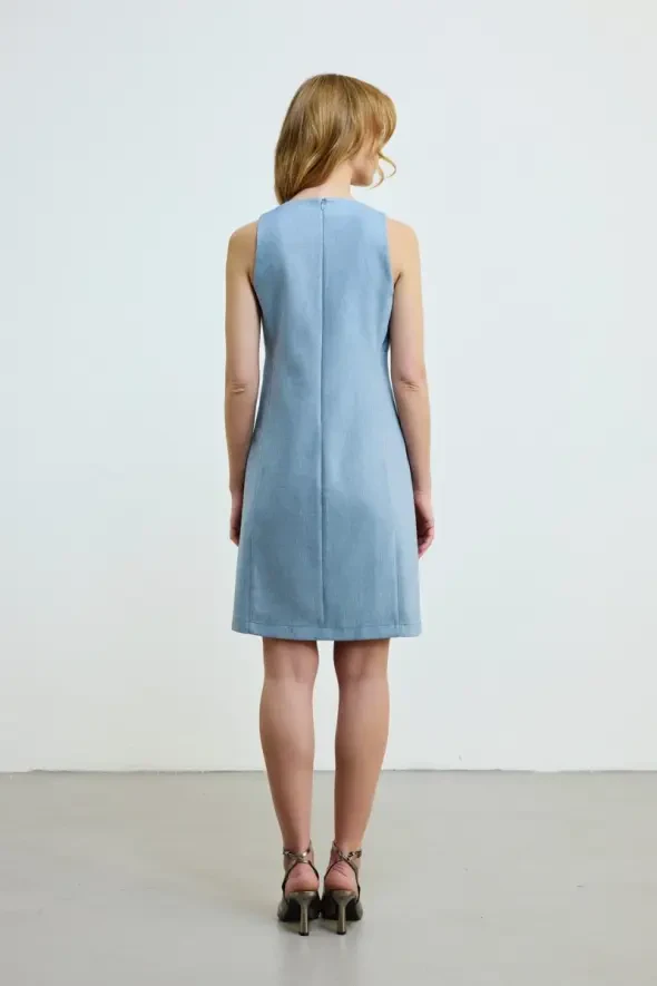 Linen Blend Sleeveless Dress - Blue - 5