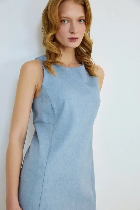Linen Blend Sleeveless Dress - Blue - 3