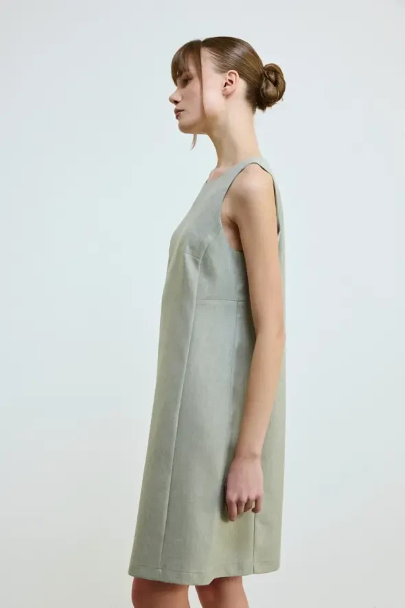 Linen Blend Sleeveless Dress - Green - 3