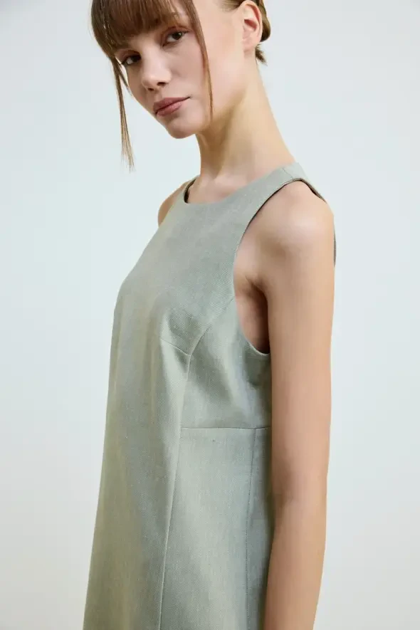 Linen Blend Sleeveless Dress - Green - 5