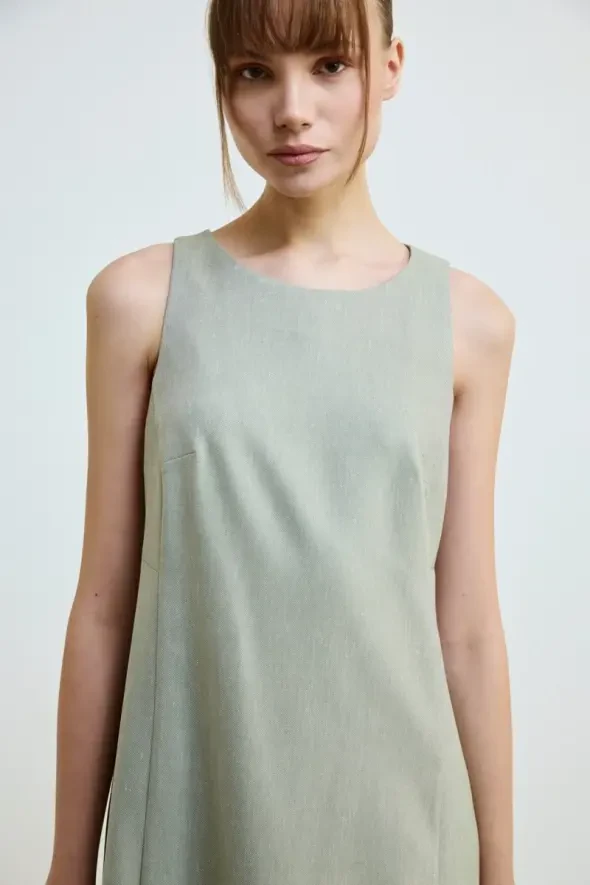 Linen Blend Sleeveless Dress - Green - 2