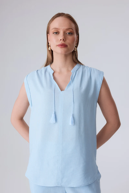 Linen Blouse with Fringed - Baby Blue - Gusto