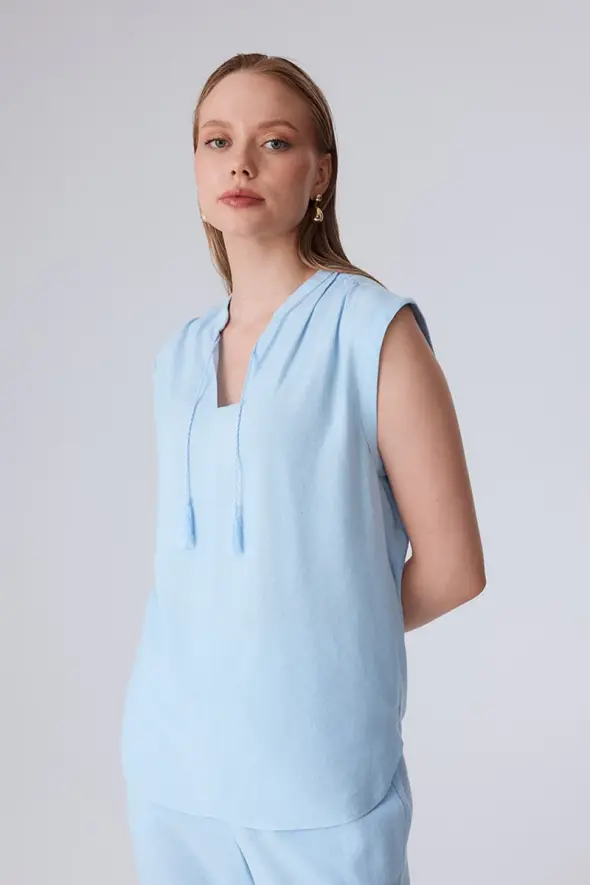 Linen Blouse with Fringed - Baby Blue - 3