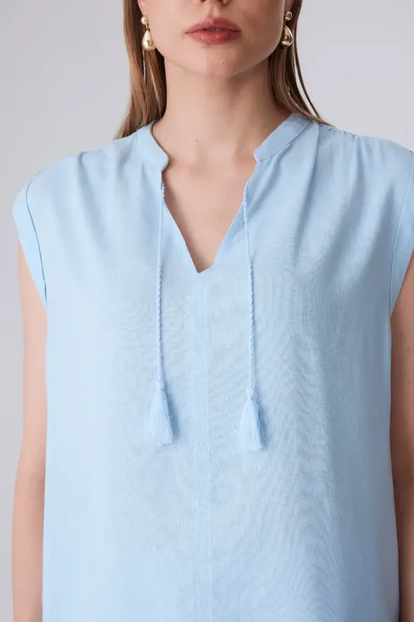 Linen Blouse with Fringed - Baby Blue - 6