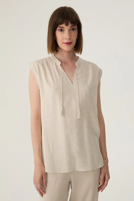 Linen Blouse with Fringed - Beige - Gusto