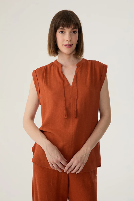 Linen Blouse with Fringed - Brick Brick-red