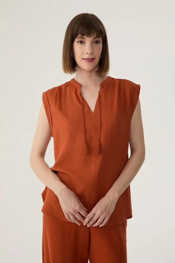 Linen Blouse with Fringed - Brick - 1