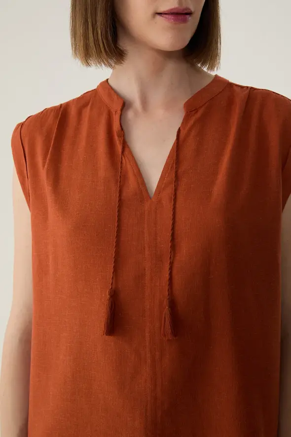 Linen Blouse with Fringed - Brick - 3