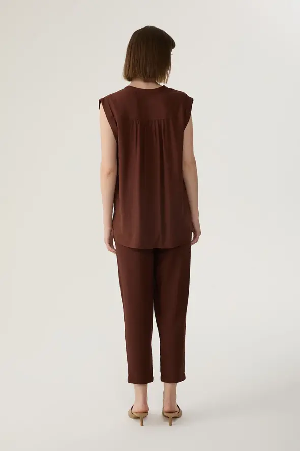 Linen Blouse with Fringed - Brown - 4