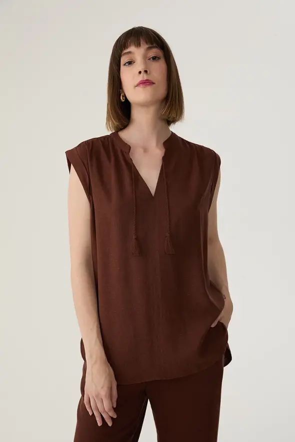 Linen Blouse with Fringed - Brown - 1