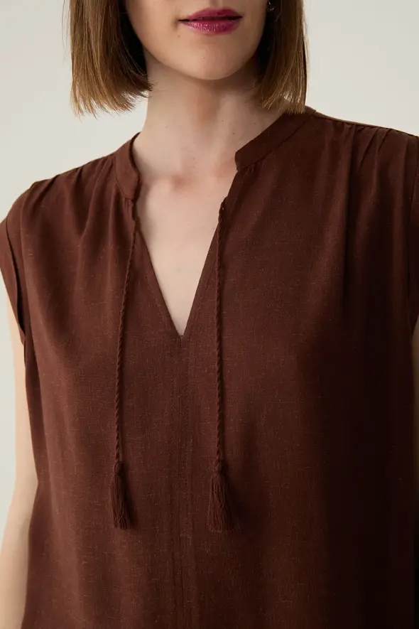 Linen Blouse with Fringed - Brown - 3